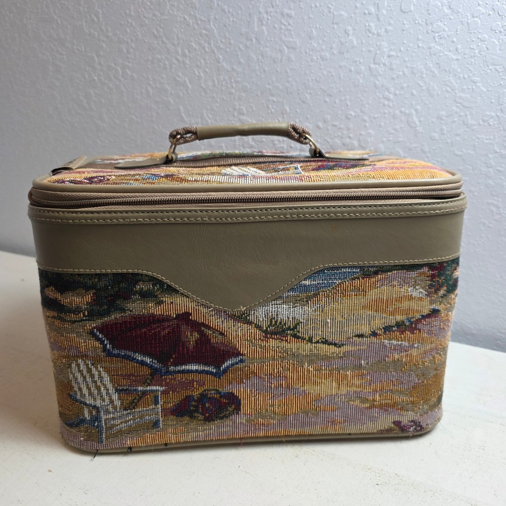 Pioneer Express Vintage Beach Tapestry Train Case Vanity Bag Tan Coastal Scene